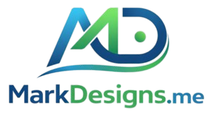 MarkDesigns.me logo with stylized blue and green "MD" above the website name in matching colors.
